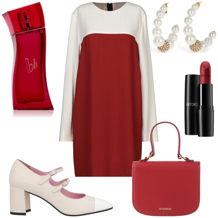 Outfit donna - Rosso ciliegia. Stile Glamour per Serata fuori. Abbinamento con borse a mano, vestiti corti, décolleté, profumi, rossetti, orecchini.