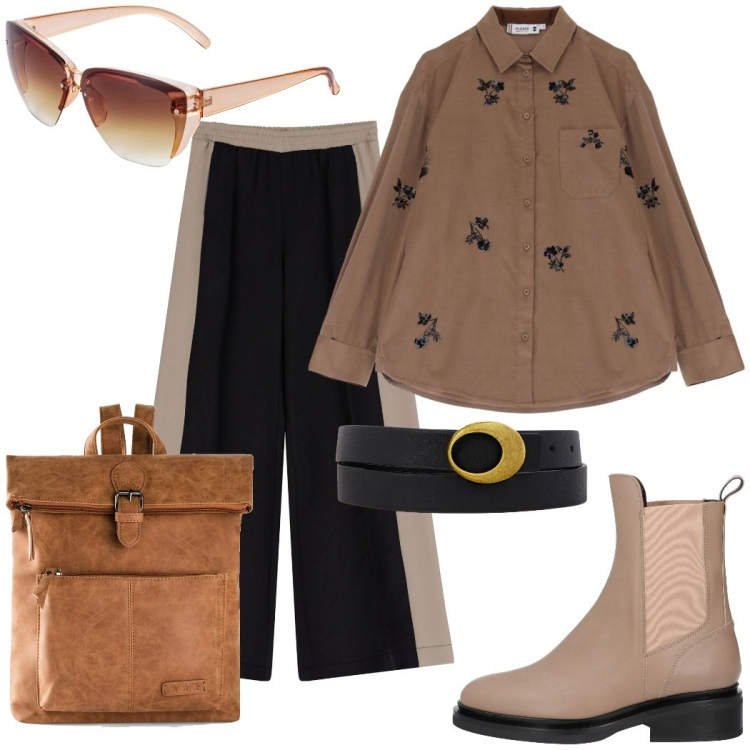 Outfit donna - Pomeriggio in città. Stile Urban per Tutti i giorni. Abbinamento con zaini, occhiali da sole, stivaletti chelsea, camicie, pantaloni, cinture.