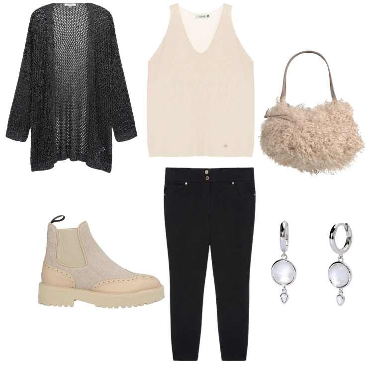 Outfit donna - Colazione con amiche. Stile Urban per Tutti i giorni. Abbinamento con stivaletti chelsea, borse a secchiello, kimono, orecchini, top, pantaloni skinny.