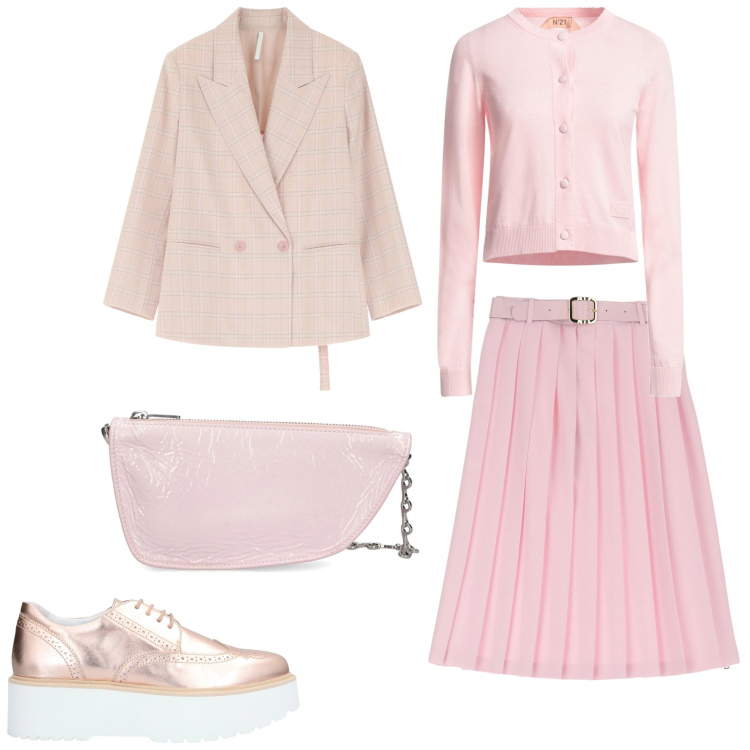 Outfit donna - Rosa. Stile Sporty chic per Serata fuori. Abbinamento con scarpe stringate, cardigans, blazer, gonne longuette, borse a spalla.