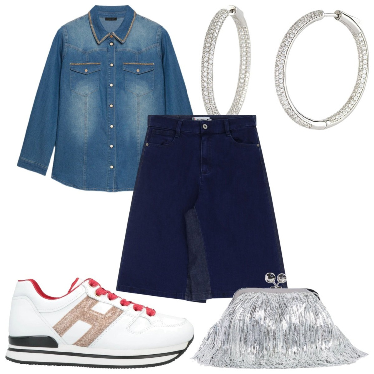 Outfit donna - Un accessorio per brillare : la pochette. Stile Sporty chic per Tutti i giorni. Abbinamento con sneakers, orecchini, bermuda, camicie, pochette.
