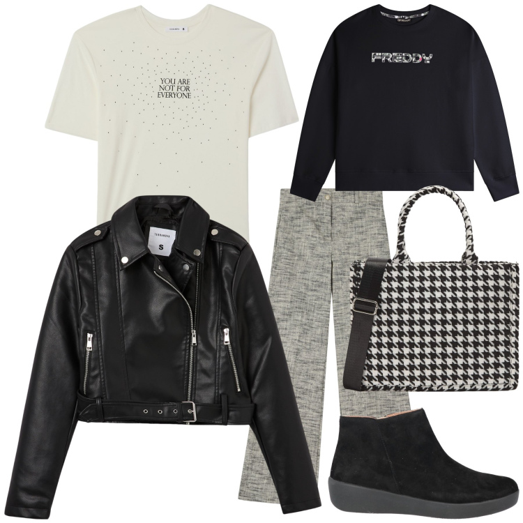 Outfit donna - Total look. Stile Urban per Tutti i giorni. Abbinamento con stivaletti, pantaloni, felpe con cappuccio, t-shirt, shopping bag, giacche.