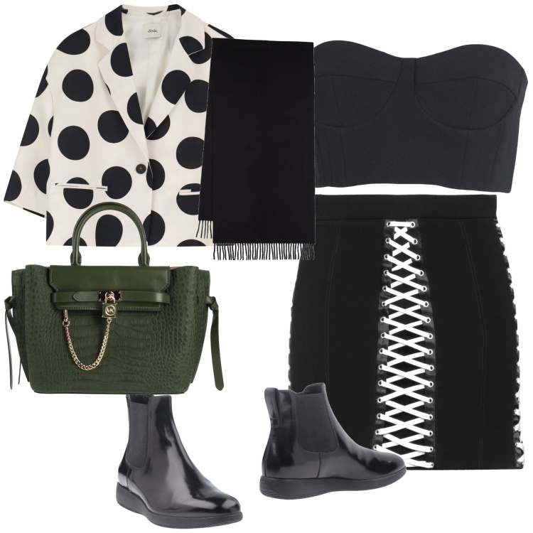 Outfit donna - Ufficio e poi serata. Stile Urban per Ufficio. Abbinamento con minigonne, top, stivaletti chelsea, borse a mano, blazer, sciarpe.