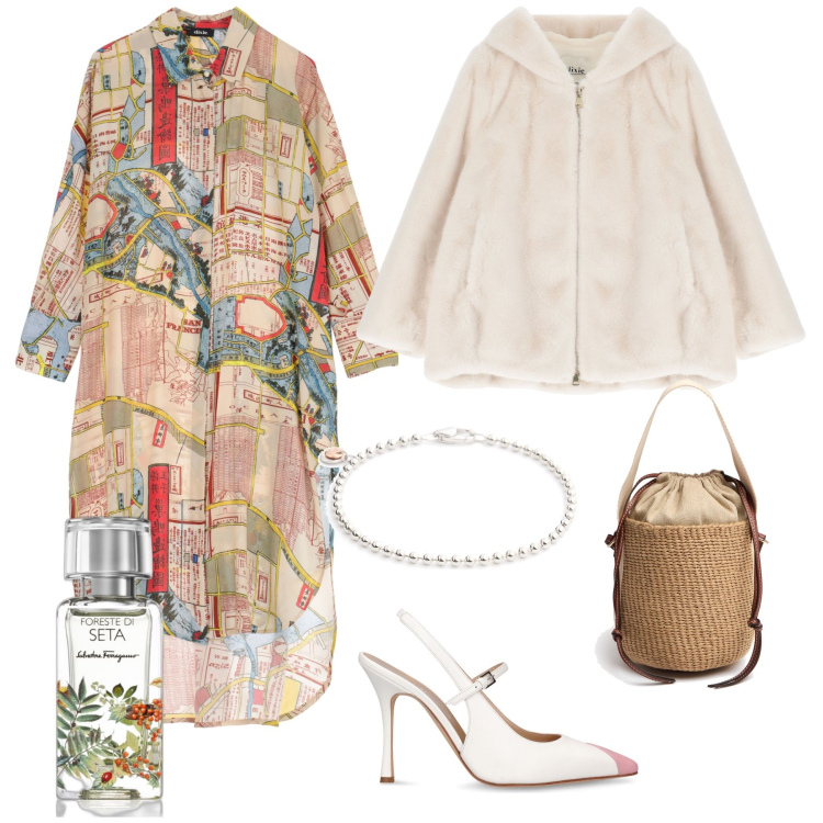 Outfit donna - Cerimonia mattutina. Stile Chic per Cerimonia. Abbinamento con profumi, blazer, vestiti chemisier, décolleté, borse a mano, braccialetti.