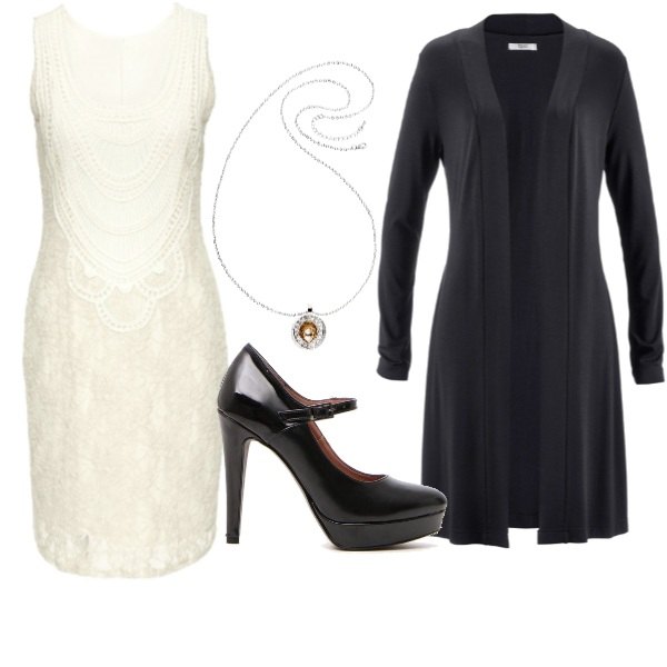 Outfit donna - White chic. Stile Chic per Serata fuori. Abbinamento con cardigans, vestito con pizzo, collana, décolleté nero.