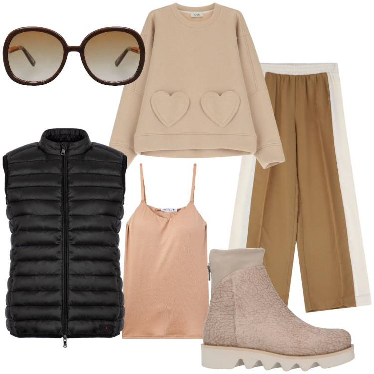 Outfit donna - Passeggiata al parco. Stile Casual chic per Tutti i giorni. Abbinamento con stivaletti, occhiali da sole, magliette intime, pantaloni, felpe, piumini.