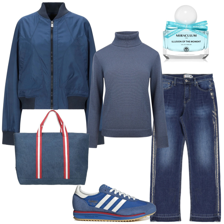Outfit donna - Total look #2069802. Stile Basic per Tutti i giorni. Abbinamento con blazer, borse a mano, profumi, jeans dritti, maglieria, sneakers.