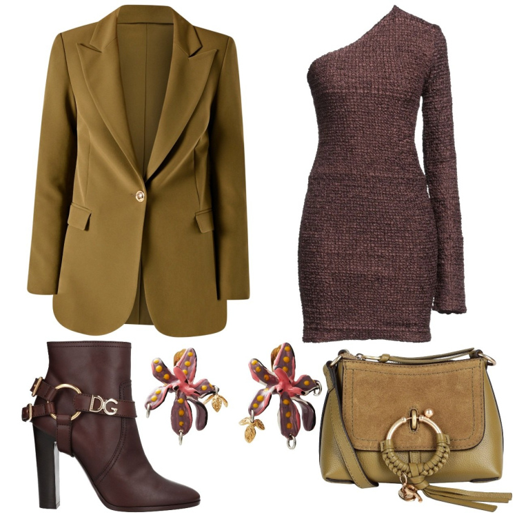 Outfit donna - Vestito monospalla testa di moro. Stile Glamour per Serata fuori. Abbinamento con vestiti corti, stivaletti, orecchini, borse a tracolla, blazer.