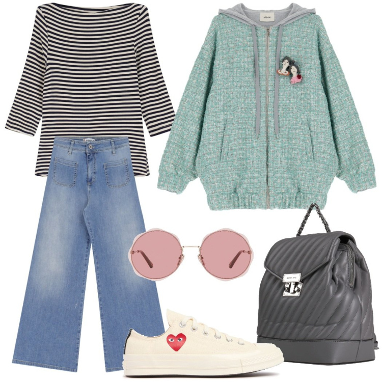 Outfit donna - A lezione. Stile Casual per Scuola/Università. Abbinamento con zaini, occhiali da sole, jeans, felpe con cappuccio, t-shirt, sneakers.
