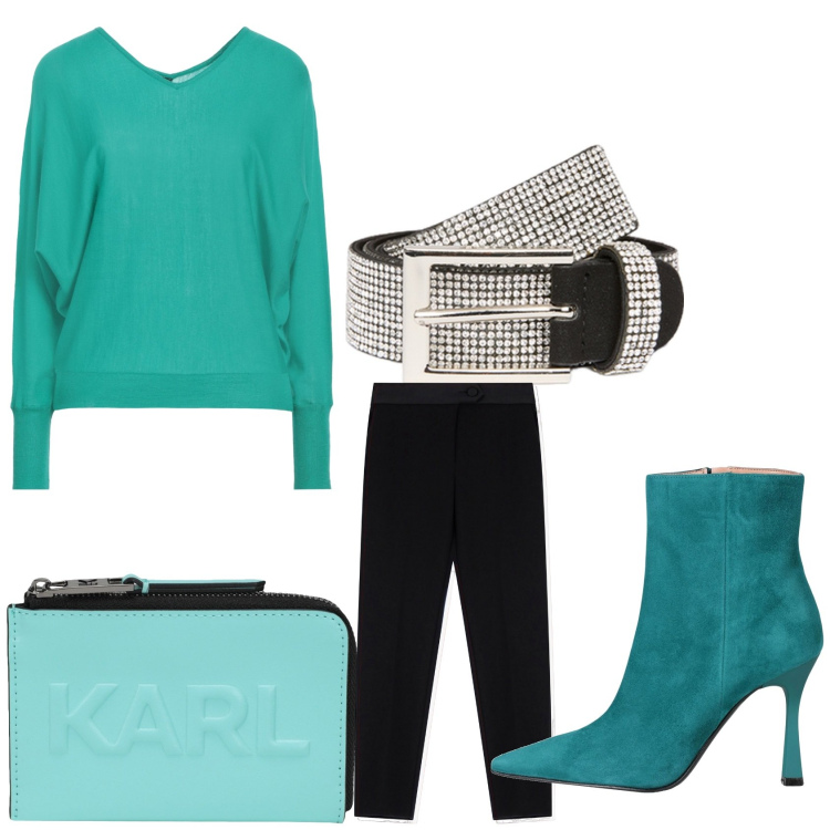 Outfit donna - La cintura glam. Stile Chic per Tutti i giorni. Abbinamento con stivaletti, pullovers, portafogli, pantaloni, cinture.