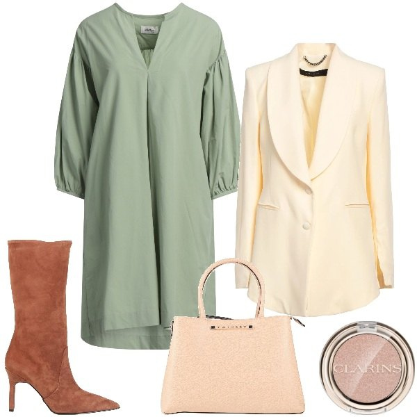 Outfit donna - Stivali a febbraio. Stile Bon Ton per Ufficio. Abbinamento con stivali, borse a mano, vestiti corti, blazer, ombretti.