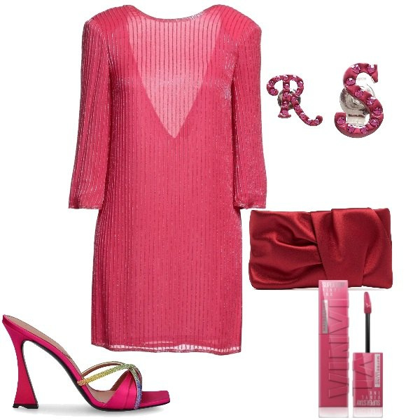 Outfit donna - Serata perfetta. Stile Glamour per Serata fuori. Abbinamento con vestiti corti, orecchini, rossetti, sandali in pelle, pochette.