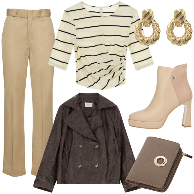 Outfit donna - Caffè con le amiche. Stile Casual chic per Tutti i giorni. Abbinamento con stivaletti, portafogli, t-shirt, blazer, orecchini, pantaloni.