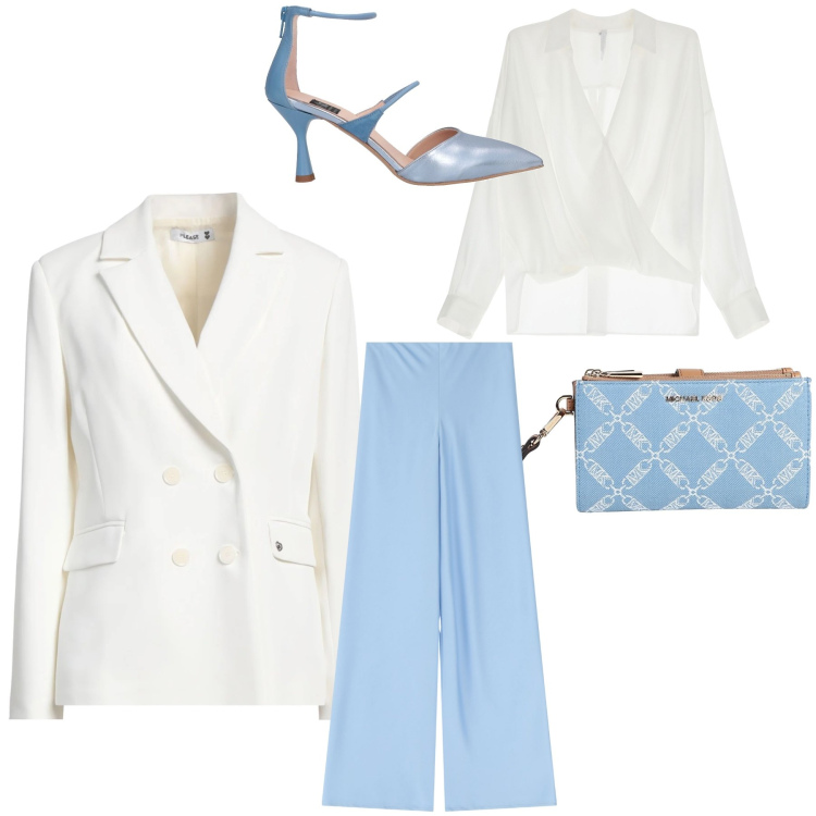 Outfit donna - La primavera è alle porte. Stile Casual chic per Tutti i giorni. Abbinamento con décolleté, blazer, portafogli, pantaloni, bluse.