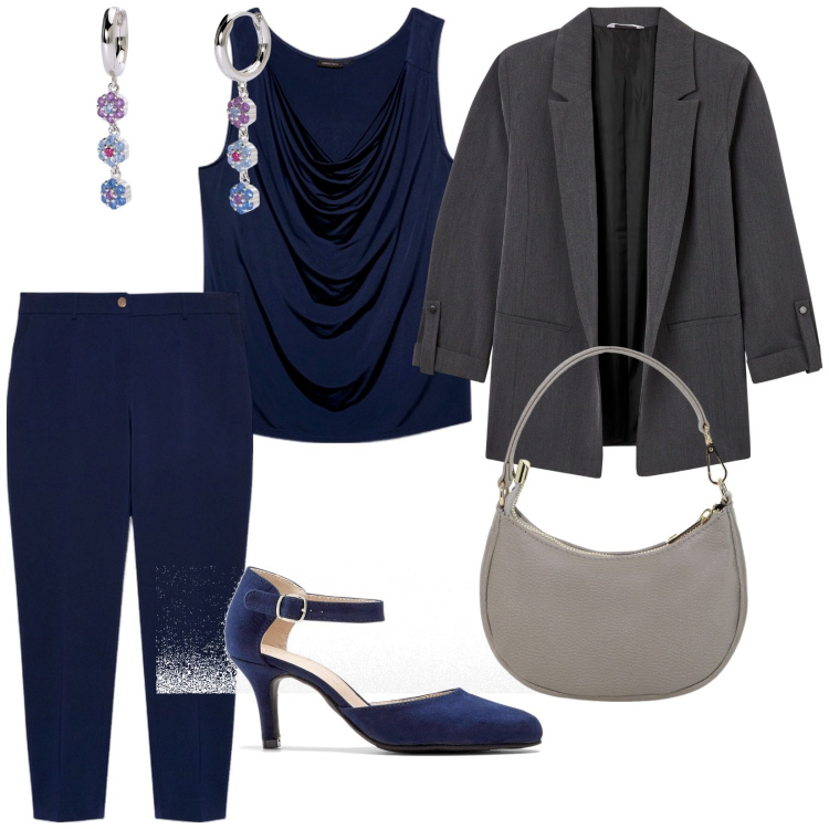 Outfit donna - Semplice in blu. per Tutti i giorni. Abbinamento con décolleté, blazer, orecchini, borse a spalla, pantaloni, top.