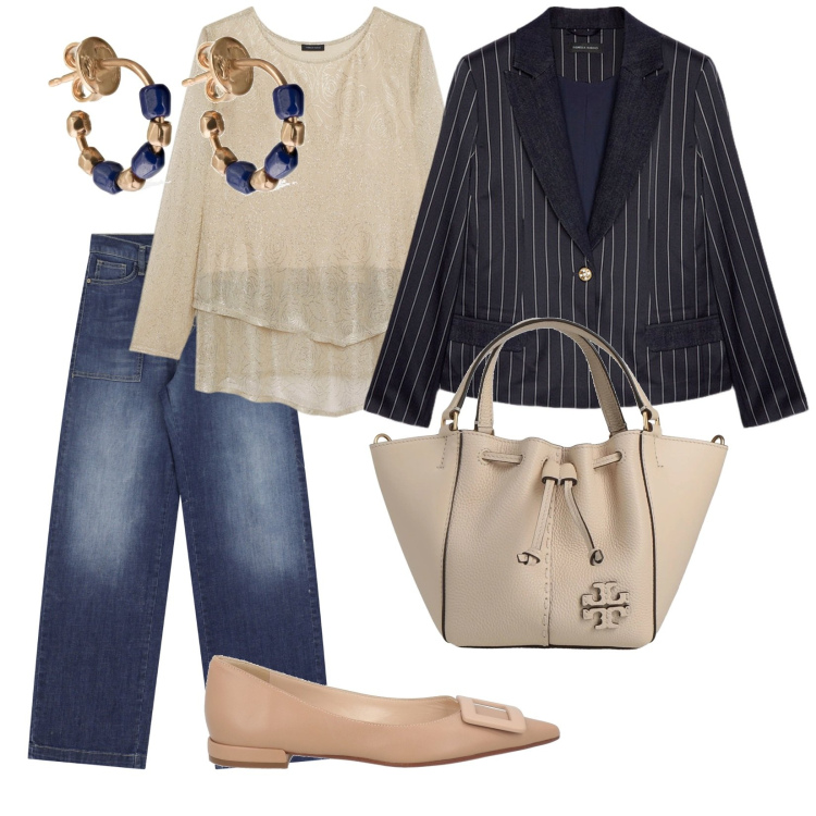 Outfit donna - In ufficio con i jeans. per Ufficio. Abbinamento con borse a mano, ballerine, jeans, t-shirt, blazer, orecchini.