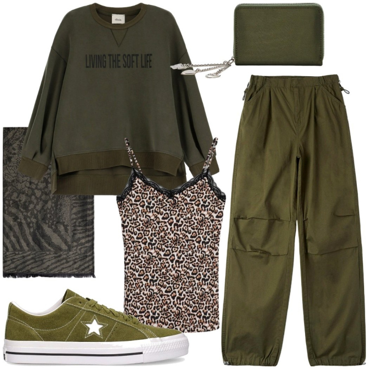 Outfit donna - Verde muschio. Stile Sporty chic per Scuola/Università. Abbinamento con magliette intime, pantaloni cargo, portafogli, felpe, sneakers, sciarpe.