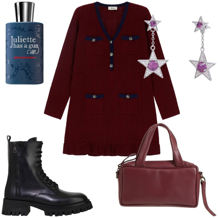 Outfit donna - Fuori a cena. Stile Preppy per Serata fuori. Abbinamento con borse a mano, profumi, orecchini, stivali, vestiti lunghi.