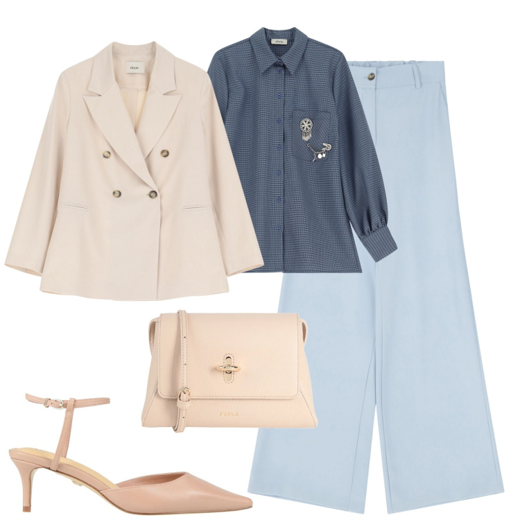 Outfit donna - City. Stile Urban per Tutti i giorni. Abbinamento con décolleté, borse a tracolla, camicie, pantaloni a palazzo, blazer.