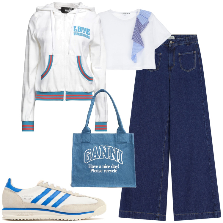 Outfit donna - City. Stile Casual per Tutti i giorni. Abbinamento con felpe, t-shirt, jeans, shopping bag, sneakers.