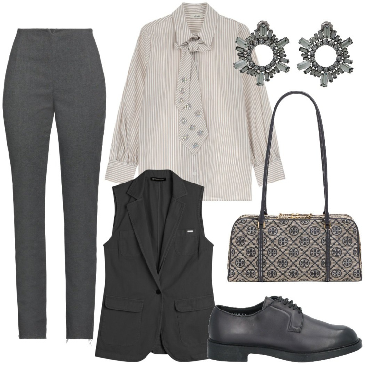 Outfit donna - Maschile ma non troppo. Stile Mannish per Ufficio. Abbinamento con scarpe stringate, orecchini, pantaloni, camicie, gilet, borse a spalla.