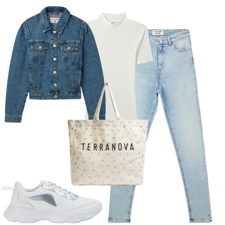 Outfit donna - Total look #2069879. Stile Casual per Tutti i giorni. Abbinamento con jeans skinny, sneakers, shopping bag, blazer, t-shirt.
