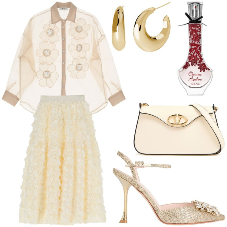 Outfit donna - Cerimonia in primavera. Stile Glamour per Cerimonia. Abbinamento con décolleté, profumi, orecchini, gonne, camicie, borse a spalla.