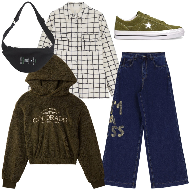Outfit donna - Born in USA. Stile Basic per Tutti i giorni. Abbinamento con marsupi, felpe con cappuccio, cappotti, jeans, sneakers.