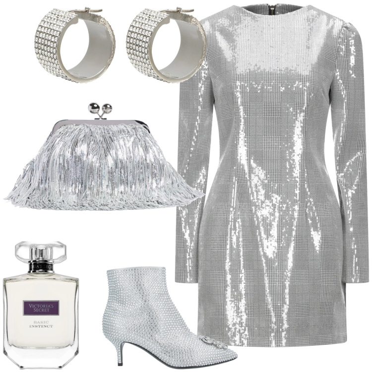 Outfit donna - Silver lady. Stile Glamour per Serata fuori. Abbinamento con vestiti corti, orecchini, stivaletti, profumi, pochette.