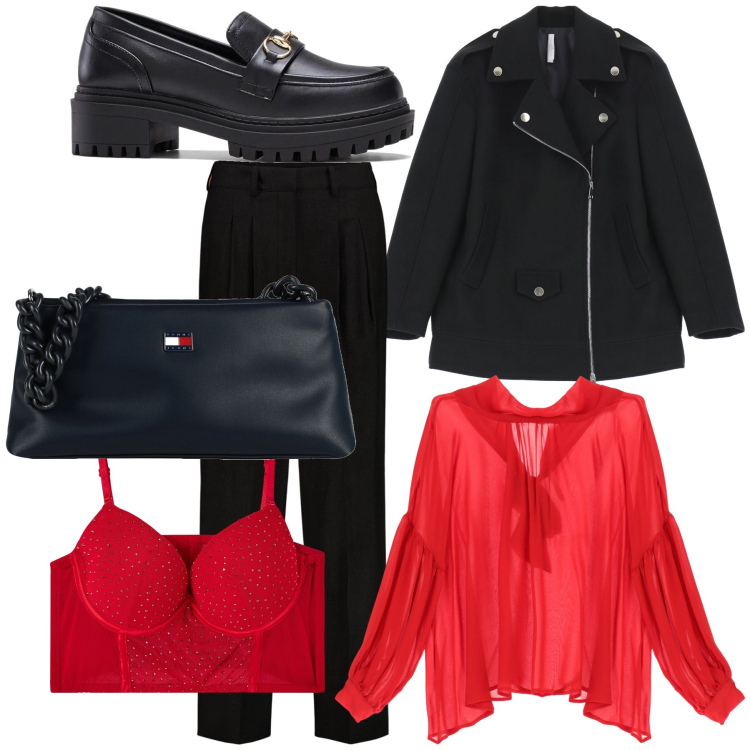 Outfit donna - Intimamente femminile. Stile Mannish per Serata fuori. Abbinamento con borse a mano, mocassini, camicie, blazer, pantaloni, reggiseni push-up.