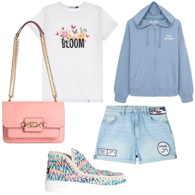 Outfit donna - Bocciolo di primavera. Stile Romantica per Tutti i giorni. Abbinamento con borse a spalla, stivaletti, shorts, felpe con cappuccio, t-shirt.