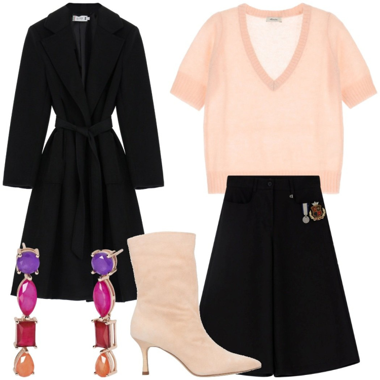 Outfit donna - Cena fuori. Stile Bon Ton per Serata fuori. Abbinamento con stivaletti, orecchini, cappotti, bermuda, maglieria.