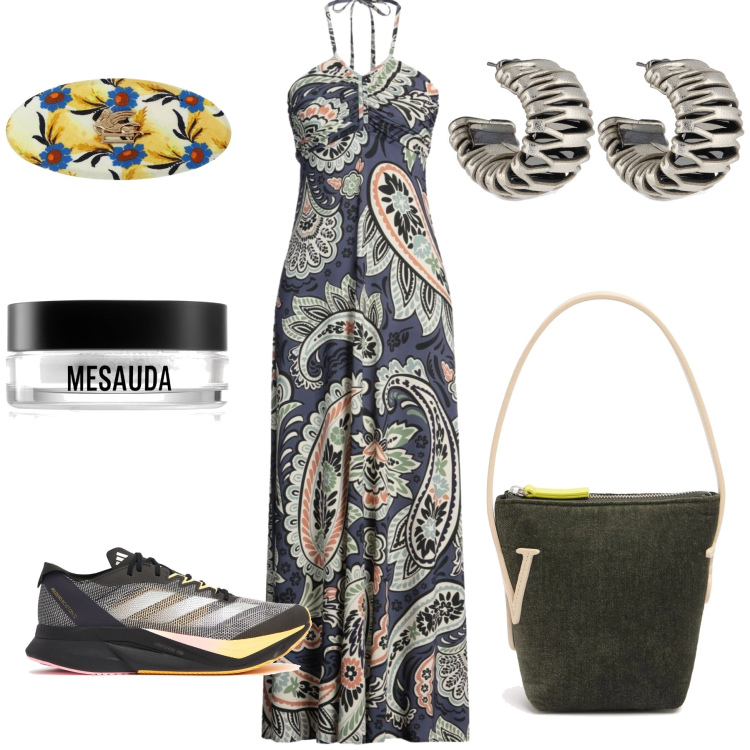 Outfit donna - Dress code serata in sneakers. Stile Glamour per Serata fuori. Abbinamento con vestiti lunghi, ciprie, accessori per capelli, orecchini, borse a spalla, sneakers.