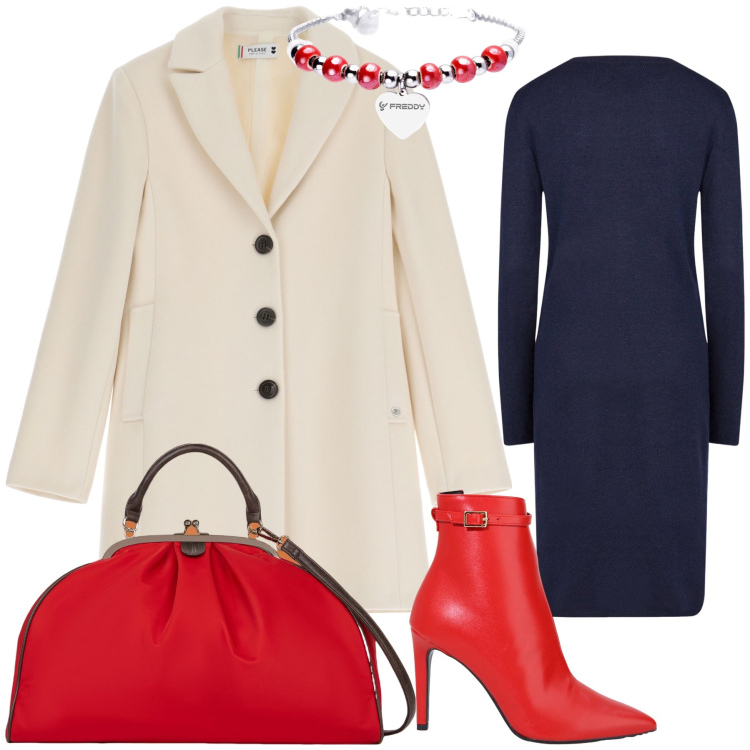 Outfit donna - Il rosso che non ti aspetti. Stile Urban per Ufficio. Abbinamento con cappotti, stivaletti, braccialetti, vestiti midi/longuette, borse a spalla.