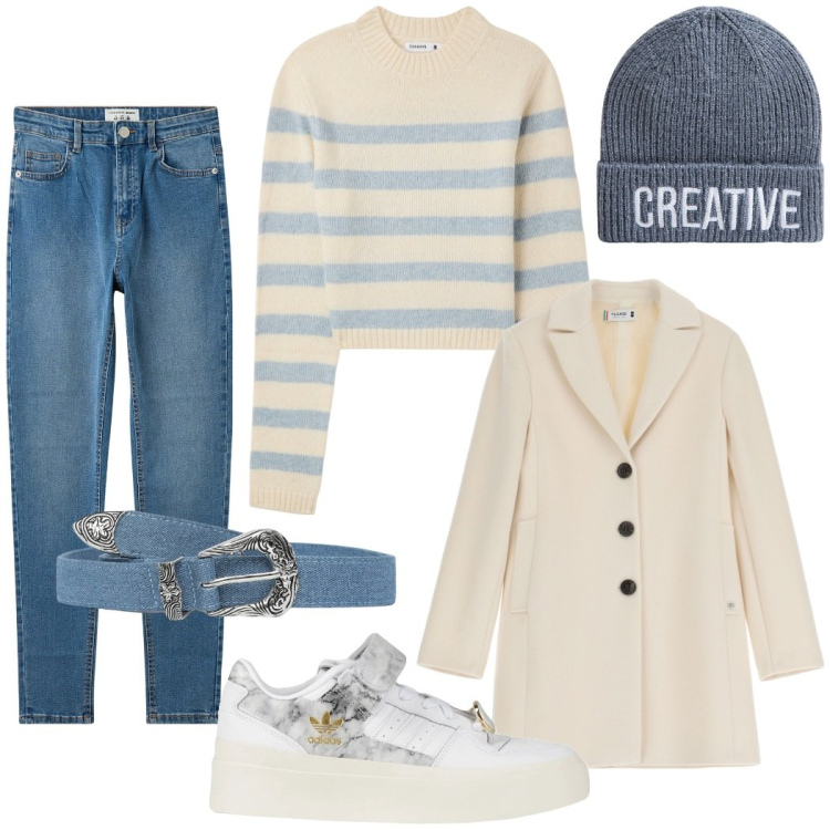 Outfit donna - A lezione. Stile Casual per Scuola/Università. Abbinamento con sneakers, jeans skinny, cinture, maglieria, berretti, cappotti.
