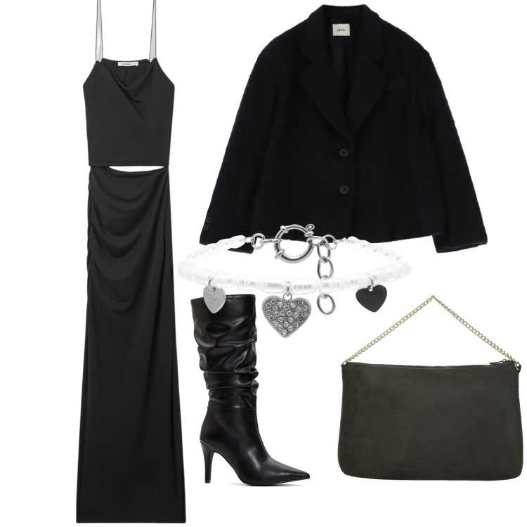 Outfit donna - Tris di cuori per lui. Stile Chic per Serata fuori. Abbinamento con stivali, vestiti lunghi, braccialetti, pochette, blazer.