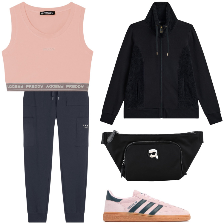 Outfit donna - Verso la palestra. Stile Casual chic per Sport. Abbinamento con marsupi, felpe, pantaloni sportivi, top sportivi, sneakers.