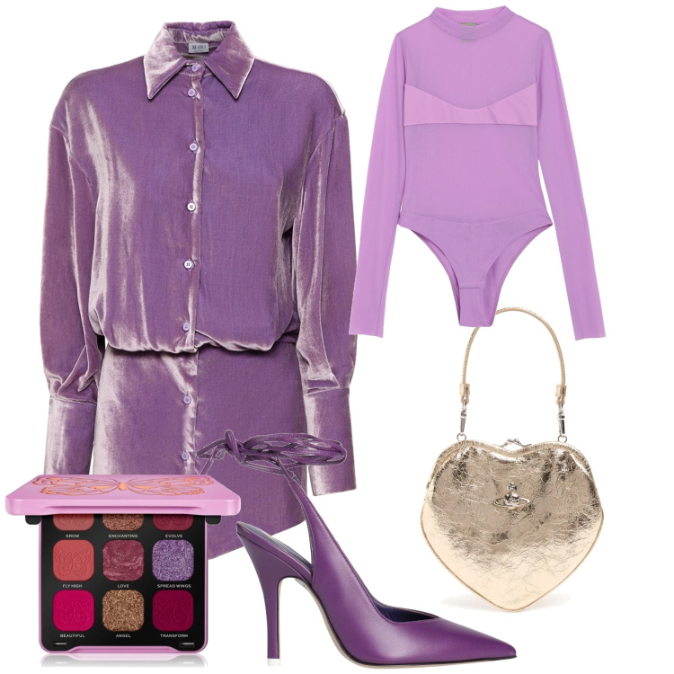 Outfit donna - Un cuore di violetta. Stile Glamour per Serata fuori. Abbinamento con décolleté, body, ombretti, vestiti, pochette.