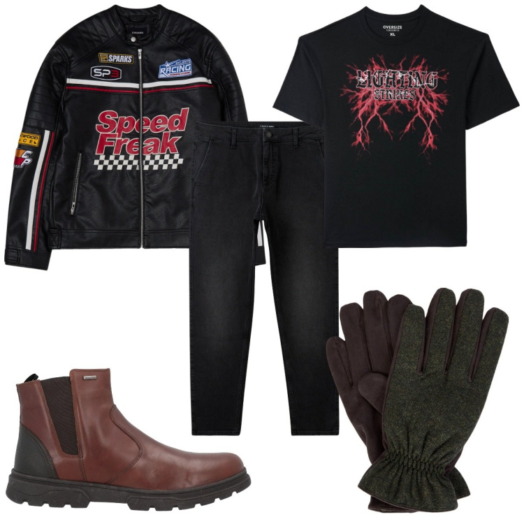 Outfit uomo - La giacca da motociclista e i guanti ner. Stile Biker Rock per Tutti i giorni. Abbinamento con stivali e stivaletti, jeans, t-shirt, giacche, guanti.
