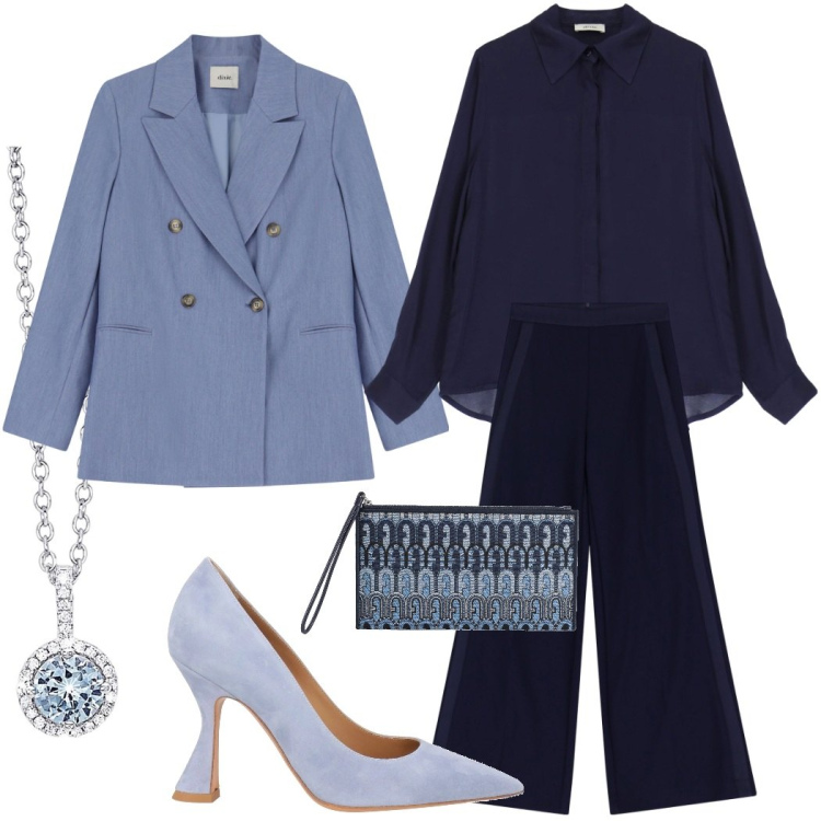 Outfit donna - L\'eleganza del blu. Stile Chic per Cerimonia. Abbinamento con décolleté, borse a mano, collane, pantaloni a palazzo, camicie, blazer.