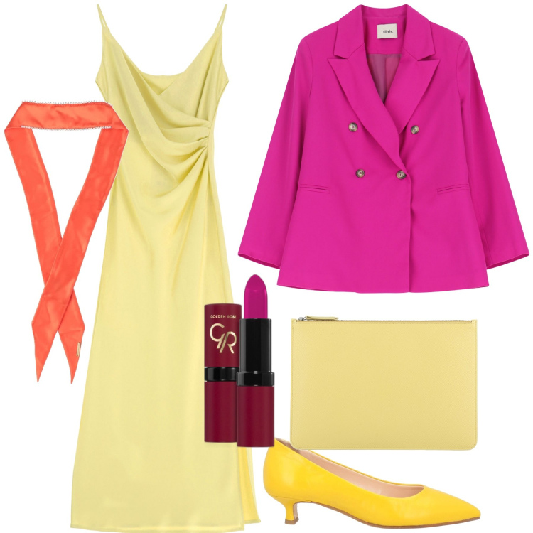 Outfit donna - Serata colorata. Stile Trendy per Serata fuori. Abbinamento con pochette, décolleté, sciarpe, rossetti, vestiti midi/longuette, blazer.