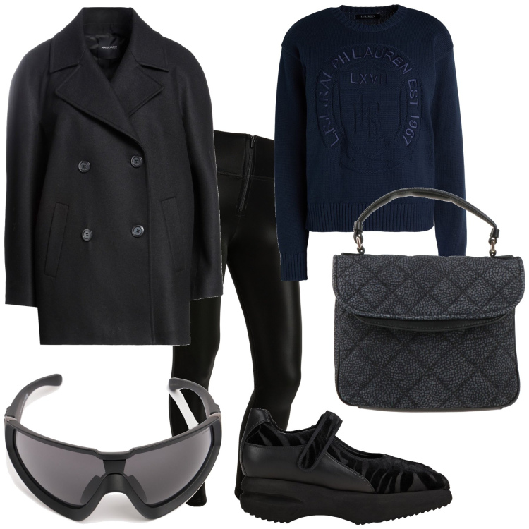 Outfit donna - In black we trust. Stile Mannish per Ufficio. Abbinamento con caban, borse a mano, pullovers, décolleté, pantaloni skinny, occhiali da sole.