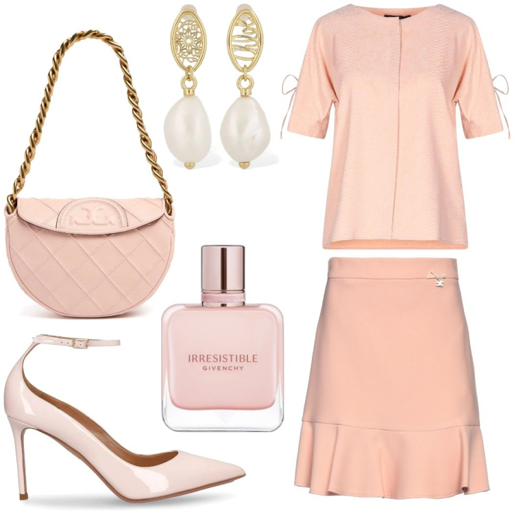 Outfit donna - Irresistibile rosa confetto. Stile Chic per Cerimonia. Abbinamento con camicie a manica corta, minigonne, profumi, orecchini, décolleté, borse a spalla.