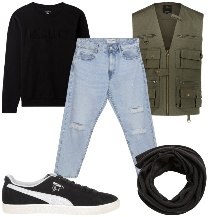 Outfit uomo - Total look #2069953. Stile Casual per Tutti i giorni. Abbinamento con sneakers, felpe, sciarpe, jeans strappati, gilet.