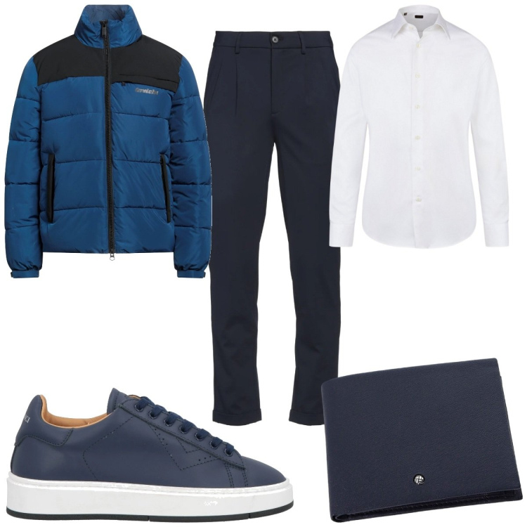 Outfit uomo - Total look #2069961. Stile Casual per Tutti i giorni. Abbinamento con piumini, pantaloni, sneakers, portafogli, camicie.
