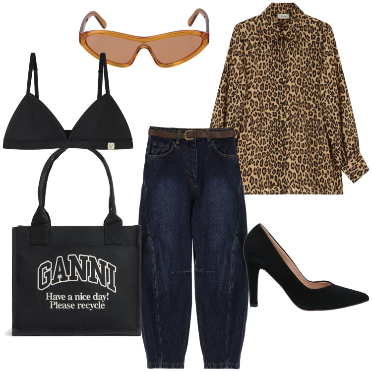 Outfit donna - Aperitivo durante la fashion week. Stile Trendy per Serata fuori. Abbinamento con décolleté, reggiseni, camicie, jeans, occhiali da sole, shopping bag.