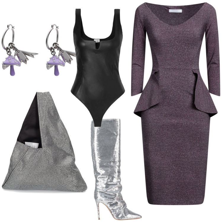 Outfit donna - Invito al defilee. Stile Glamour per Serata fuori. Abbinamento con stivali, body, vestiti midi/longuette, orecchini, borse a spalla.