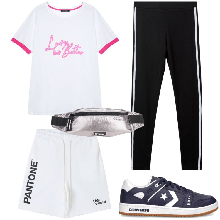 Outfit donna - Sport. Stile Urban per Sport. Abbinamento con bermuda, leggings sportivo, borse sportive, sneakers, t-shirt.