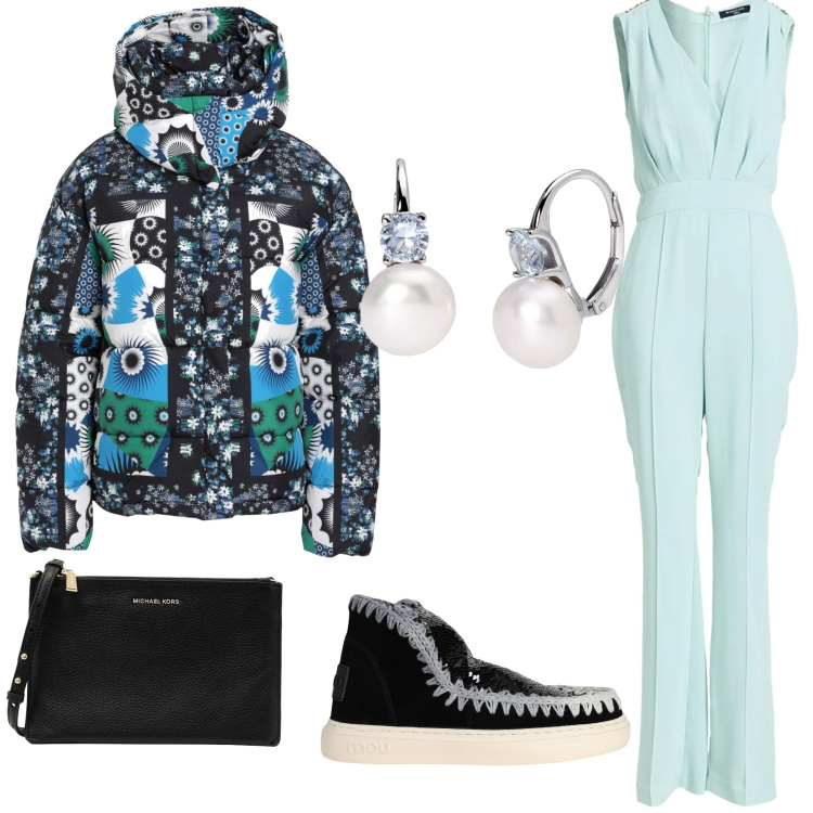 Outfit donna - Fredda serata in tuta. Stile Glamour per Serata fuori. Abbinamento con stivaletti, tute, piumini, borse a tracolla, orecchini.