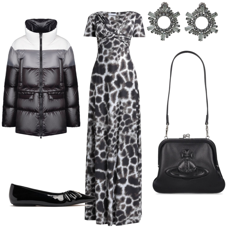 Outfit donna - Serata rasoterra. Stile Glamour per Serata fuori. Abbinamento con vestiti lunghi, orecchini, piumini, pochette, ballerine.